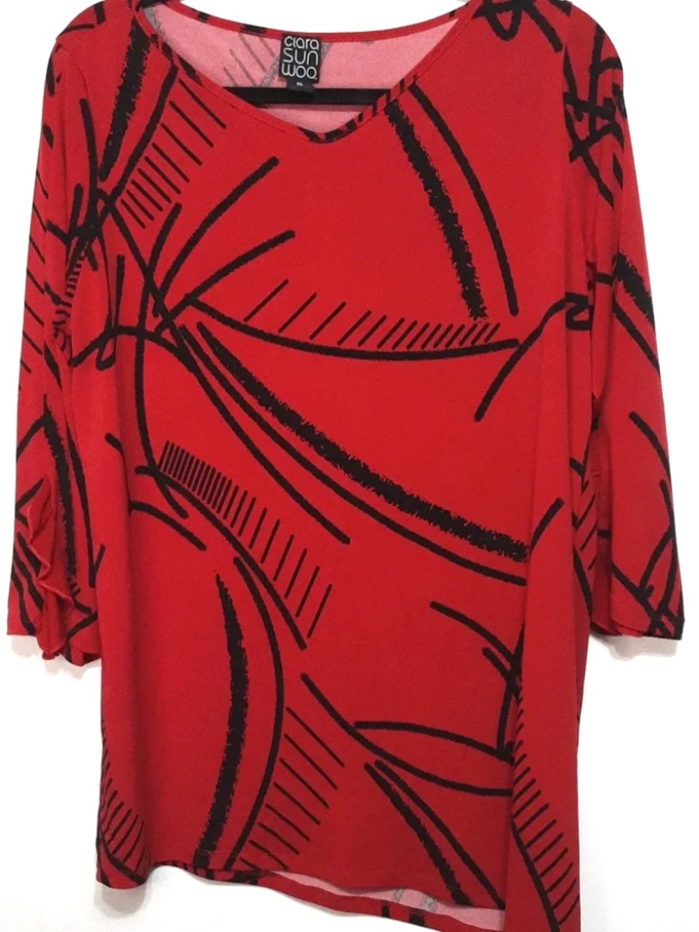 Clara Sun Woo Red Tunic with Black Abstract Brushstroke Print XL